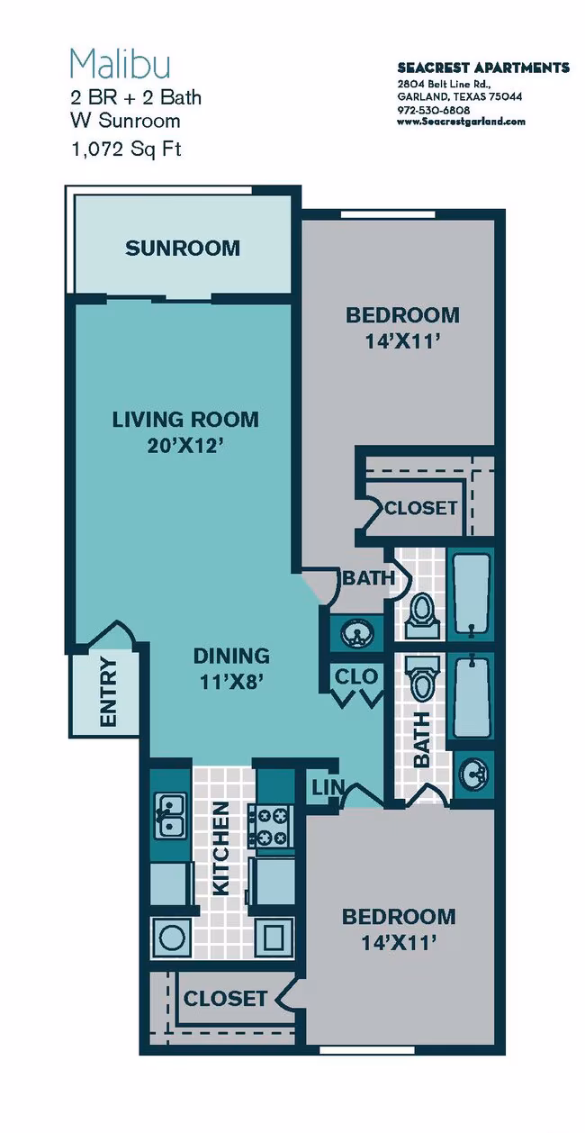 2 Bed 2 Bath B4 - 1072sqft - MALIBU 1811P floor plan
